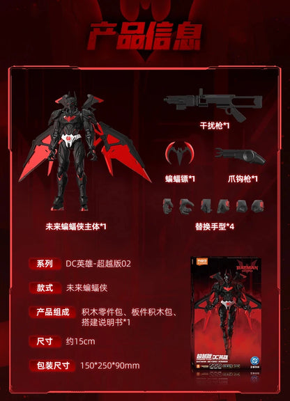 Product information card for a superhero figure with red and black design on a red background. DC Comics Batman Beyond (Shining Version) 1/12 Scale Precision Assembly Figure by Blokees