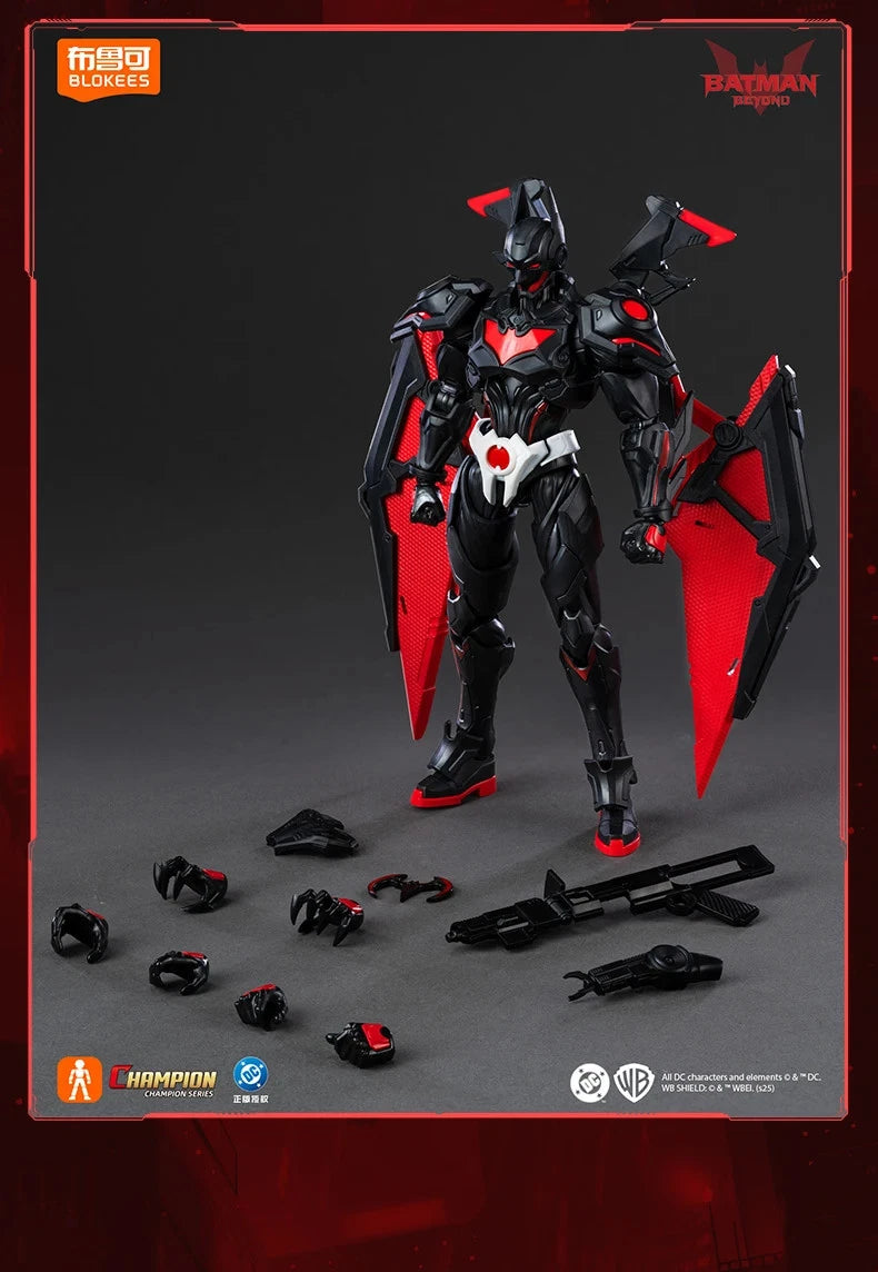 Action figure with red and black details on a gray background, surrounded by interchangeable parts. DC Comics Batman Beyond (Shining Version) 1/12 Scale Precision Assembly Figure by Blokees
