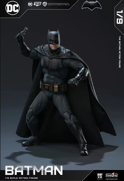 Batman action figure with cape on a dark background, featuring DC Comics logo. DC Comics Batman (Tactical/Justice League Edition) 1/9 Scale Premium Action Figure by FondJoy