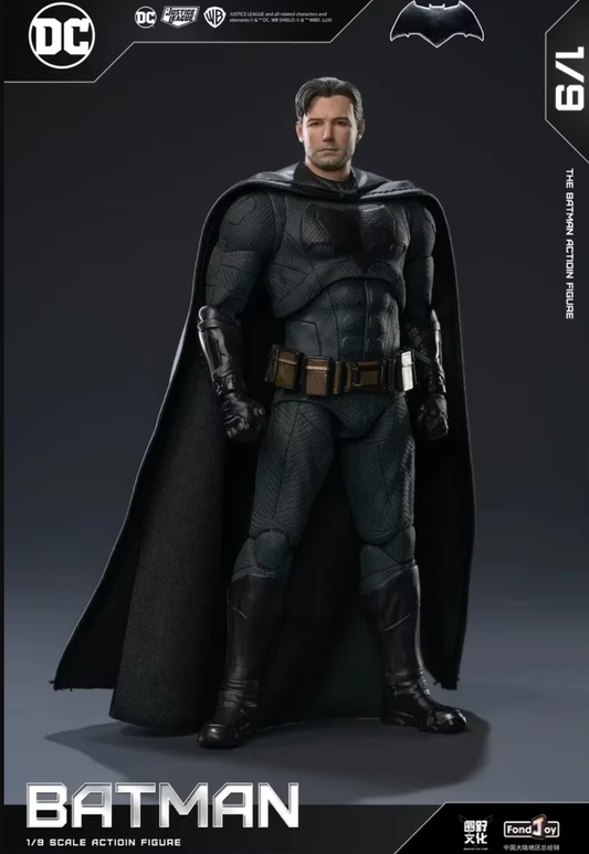 Batman action figure with cape on a dark background, featuring DC and Warner Bros logos. DC Comics Batman (Tactical/Justice League Edition) 1/9 Scale Premium Action Figure by FondJoy