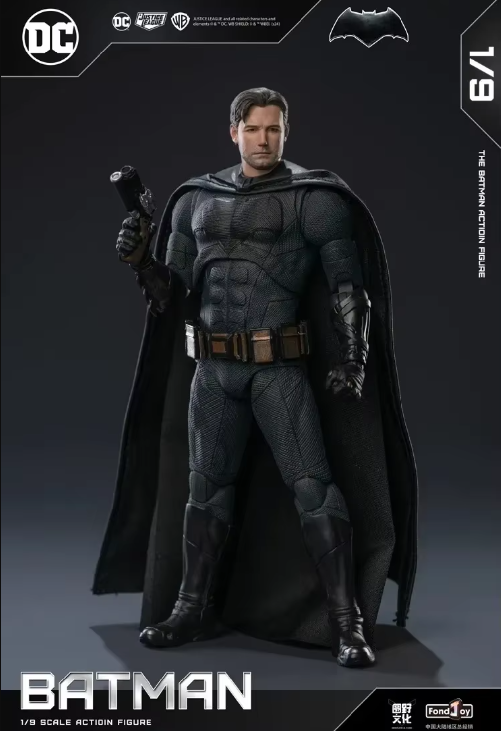 Batman action figure with cape and mask on a dark background DC Comics Batman (Tactical/Justice League Edition) 1/9 Scale Premium Action Figure by FondJoy 