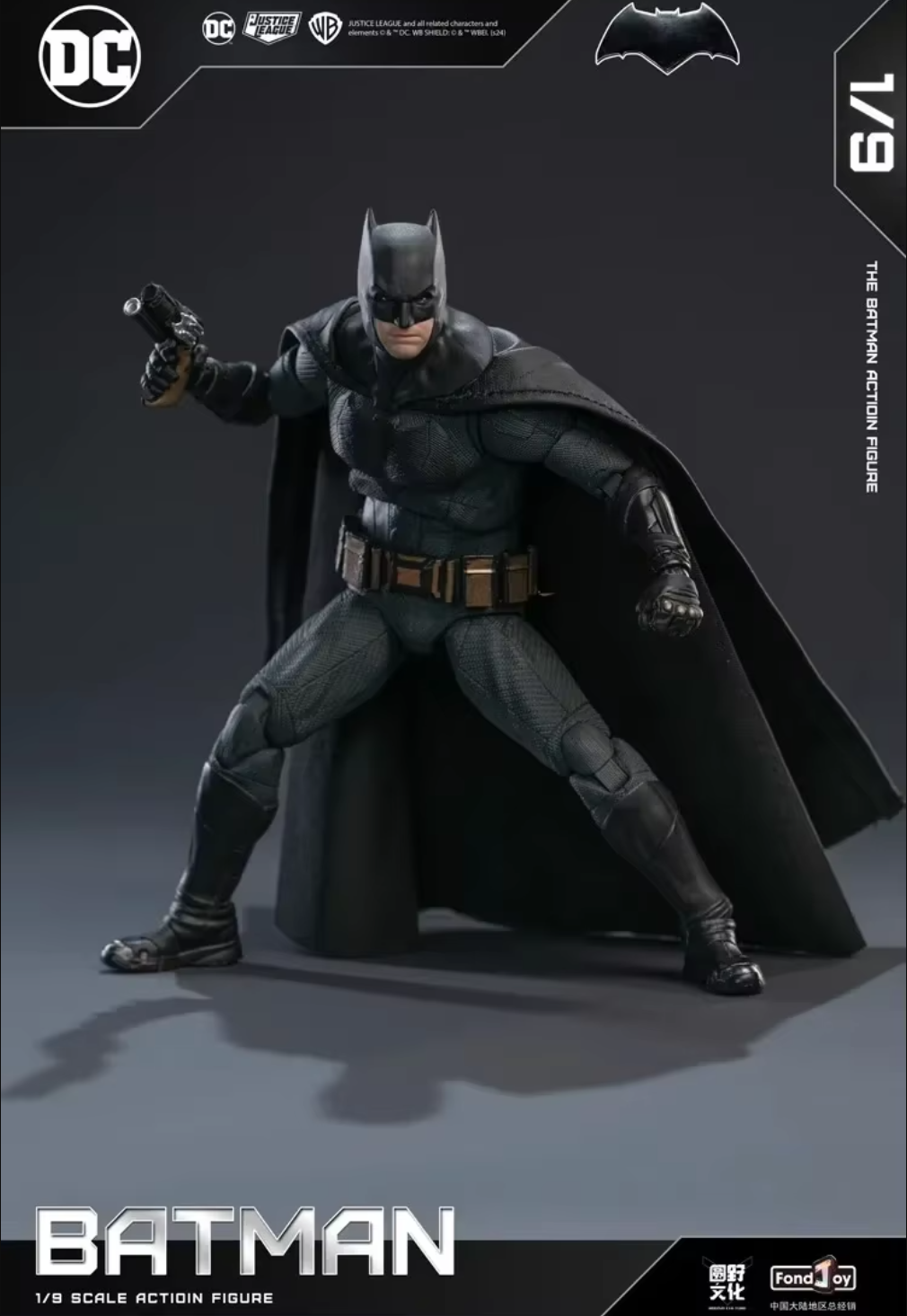 Batman action figure with cape and mask on a dark background DC Comics Batman (Tactical/Justice League Edition) 1/9 Scale Premium Action Figure by FondJoy