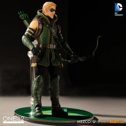 Green Arrow action figure on a stand with a dark background DC Comics Green Arrow (Classic Version) One:12 Collective 1/12 Scale Premium Figure by Mezco Toyz