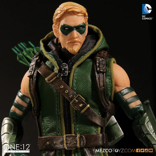 Action figure of a character in green and brown attire with a bow, against a dark background. DC Comics Green Arrow (Classic Version) One:12 Collective 1/12 Scale Premium Figure by Mezco Toyz