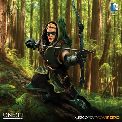 Action figure of a character in green and black attire with a bow in a forest setting, Mezco Toyz brand visible. DC Comics Green Arrow (Classic Version) One:12 Collective 1/12 Scale Premium Figure by Mezco Toyz