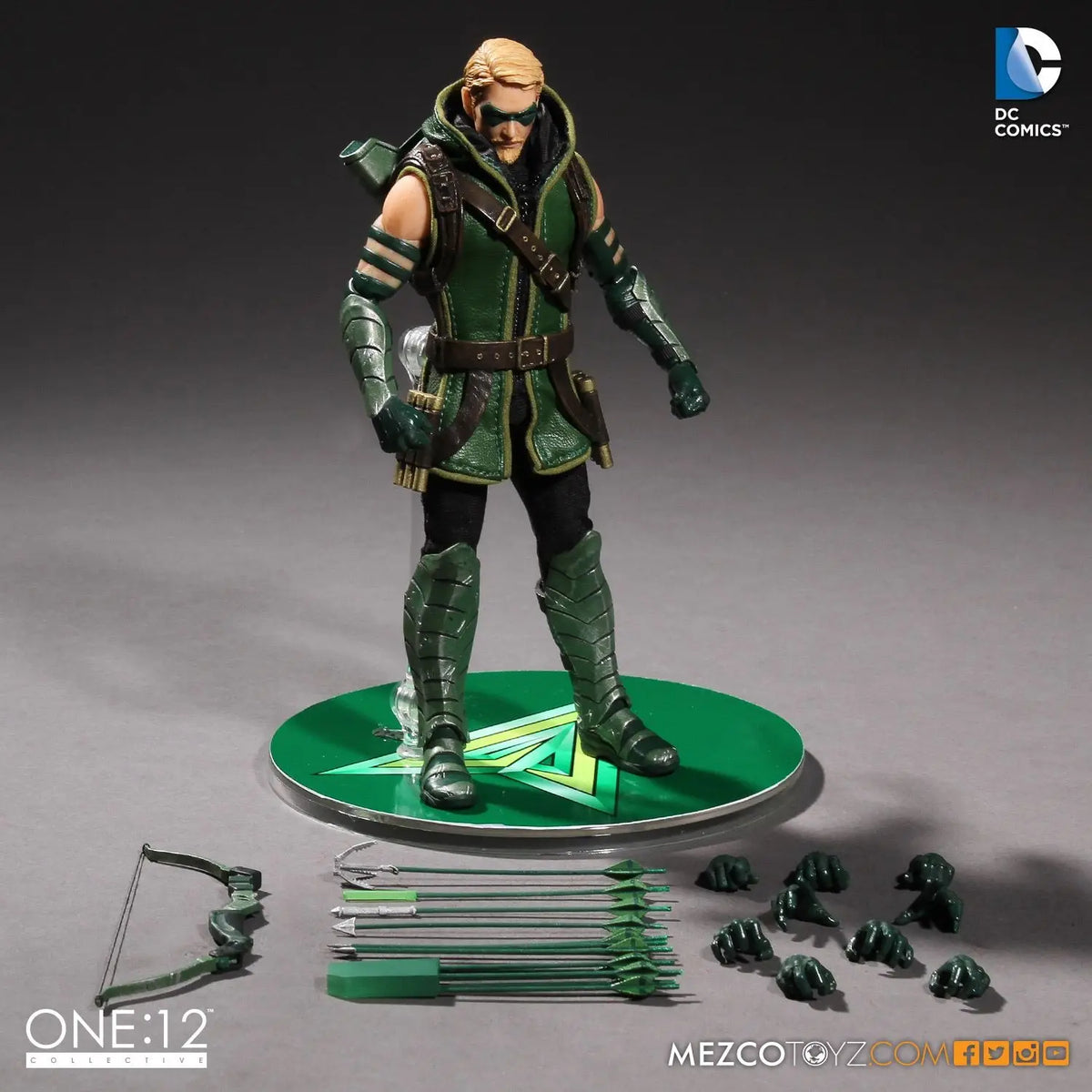 Green Arrow action figure with accessories on a gray background, featuring DC Comics logo. DC Comics Green Arrow (Classic Version) One:12 Collective 1/12 Scale Premium Figure by Mezco Toyz