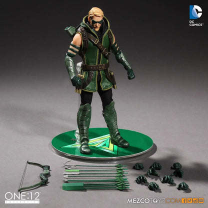 Green Arrow action figure with accessories on a gray background, featuring DC Comics logo. DC Comics Green Arrow (Classic Version) One:12 Collective 1/12 Scale Premium Figure by Mezco Toyz
