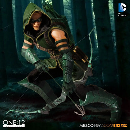 Action figure of a character in green costume with bow and quiver in a forest setting, Mezco Toyz brand visible. DC Comics Green Arrow (Classic Version) One:12 Collective 1/12 Scale Premium Figure by Mezco Toyz