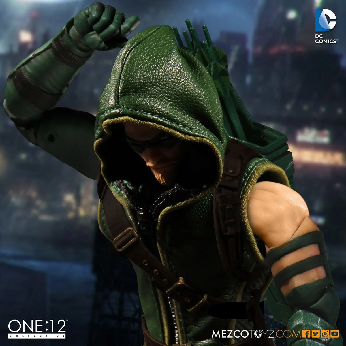 Action figure of a character in green costume with a cityscape background, Mezco Toyz brand visible DC Comics Green Arrow (Classic Version) One:12 Collective 1/12 Scale Premium Figure by Mezco Toyz