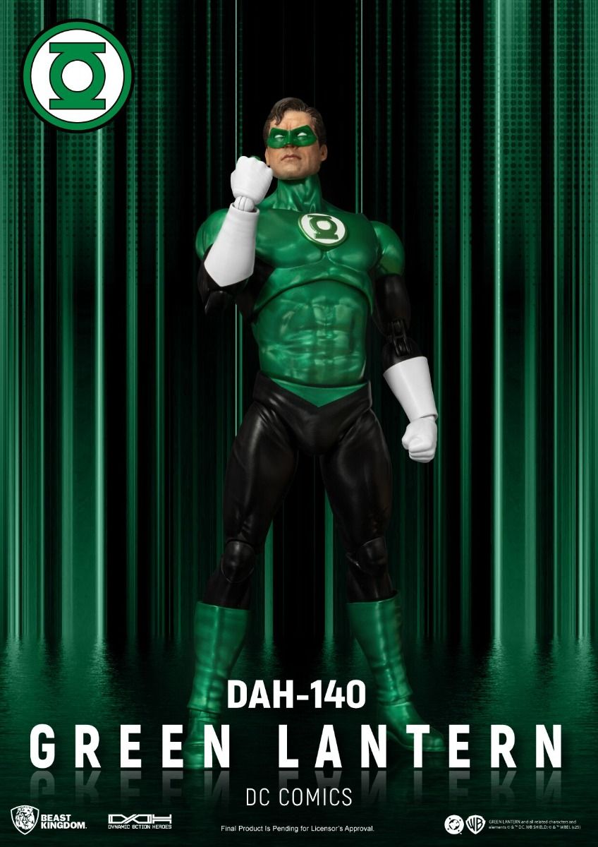 Green Lantern figure with green and black costume against a green curtain background DC Comics Green Lantern (Hal Jordan) DAH-140 Dynamic 8ction Heroes 1/9 Scale Premium Figure by Beast Kingdom