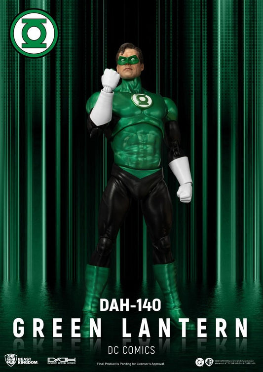 Green Lantern figure with green and black costume against a green curtain background DC Comics Green Lantern (Hal Jordan) DAH-140 Dynamic 8ction Heroes 1/9 Scale Premium Figure by Beast Kingdom