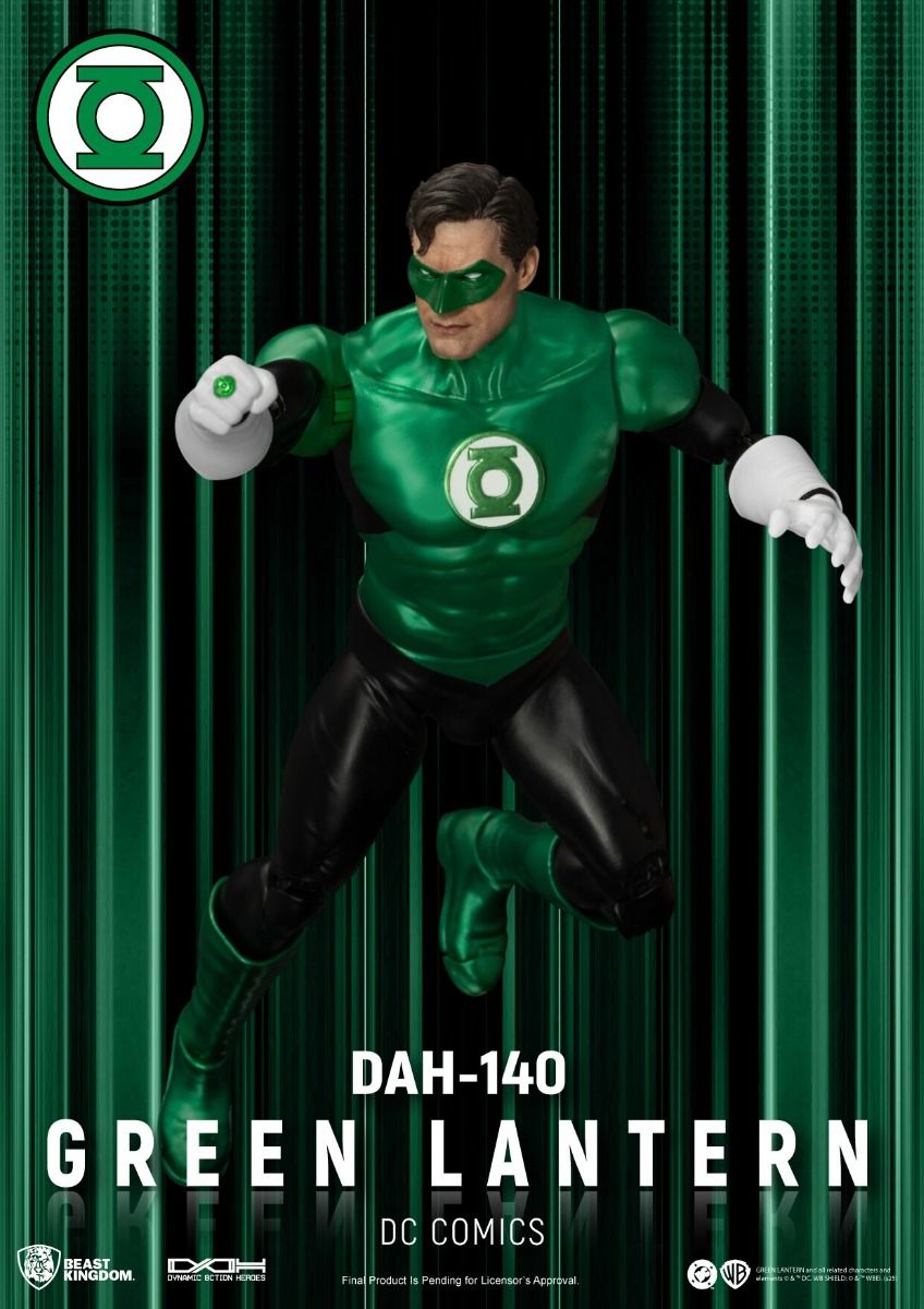 Green Lantern figure with green costume and logo against a green curtain background DC Comics Green Lantern (Hal Jordan) DAH-140 Dynamic 8ction Heroes 1/9 Scale Premium Figure by Beast Kingdom