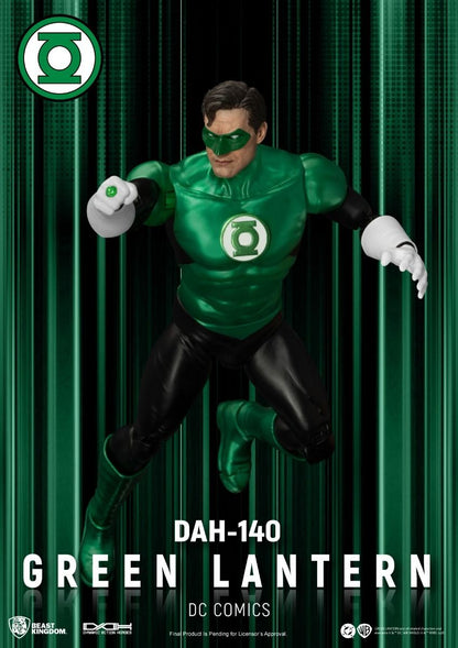 Green Lantern figure with green costume and logo against a green curtain background DC Comics Green Lantern (Hal Jordan) DAH-140 Dynamic 8ction Heroes 1/9 Scale Premium Figure by Beast Kingdom