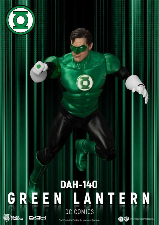 Green Lantern figure with green costume and logo against a green curtain background DC Comics Green Lantern (Hal Jordan) DAH-140 Dynamic 8ction Heroes 1/9 Scale Premium Figure by Beast Kingdom