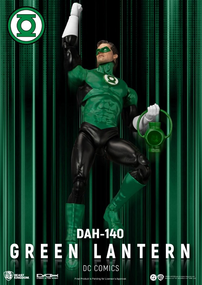 Green Lantern action figure with green lantern ring against a green background DC Comics Green Lantern (Hal Jordan) DAH-140 Dynamic 8ction Heroes 1/9 Scale Premium Figure by Beast Kingdom