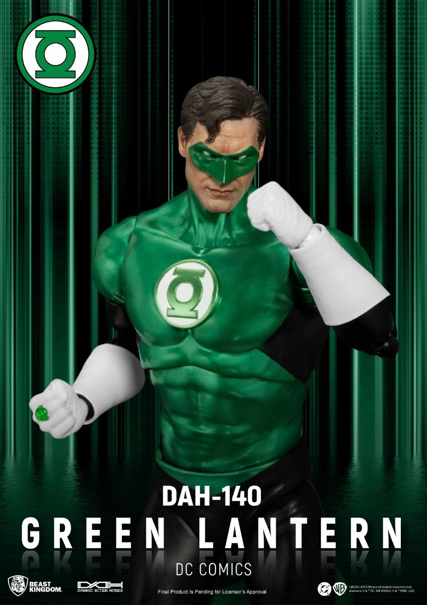 Green Lantern figure with green costume and mask against a green curtain background DC Comics Green Lantern (Hal Jordan) DAH-140 Dynamic 8ction Heroes 1/9 Scale Premium Figure by Beast Kingdom