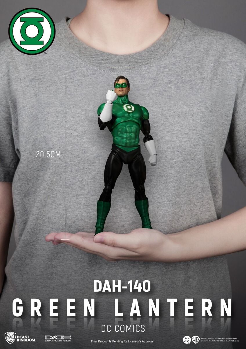 Green Lantern action figure held in front of a gray t-shirt with superhero logo. DC Comics Green Lantern (Hal Jordan) DAH-140 Dynamic 8ction Heroes 1/9 Scale Premium Figure by Beast Kingdom