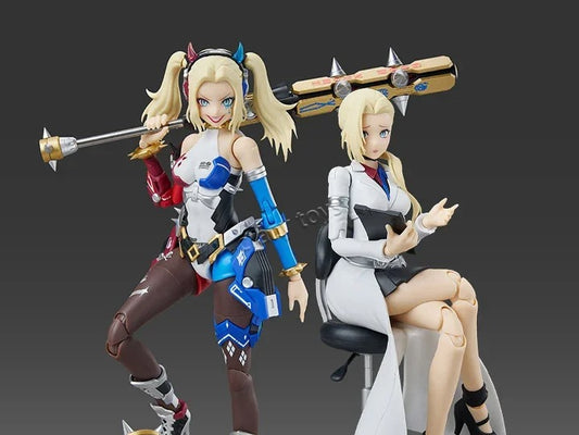 Two action figures of a female character with blonde hair, one standing and one sitting, on a dark background. DC Comics Harley Quinn (Dual Body) 1/10 Scale Mecha-Girl Model Kit by MS General