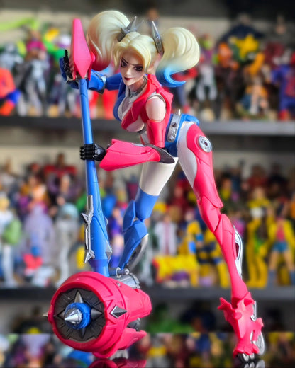 Action figure with pink and blue weapons in a colorful, blurred background DC Comics Harley Quinn (Shining Version) 1/12 Scale Precision Assembly Figure by Blokees 