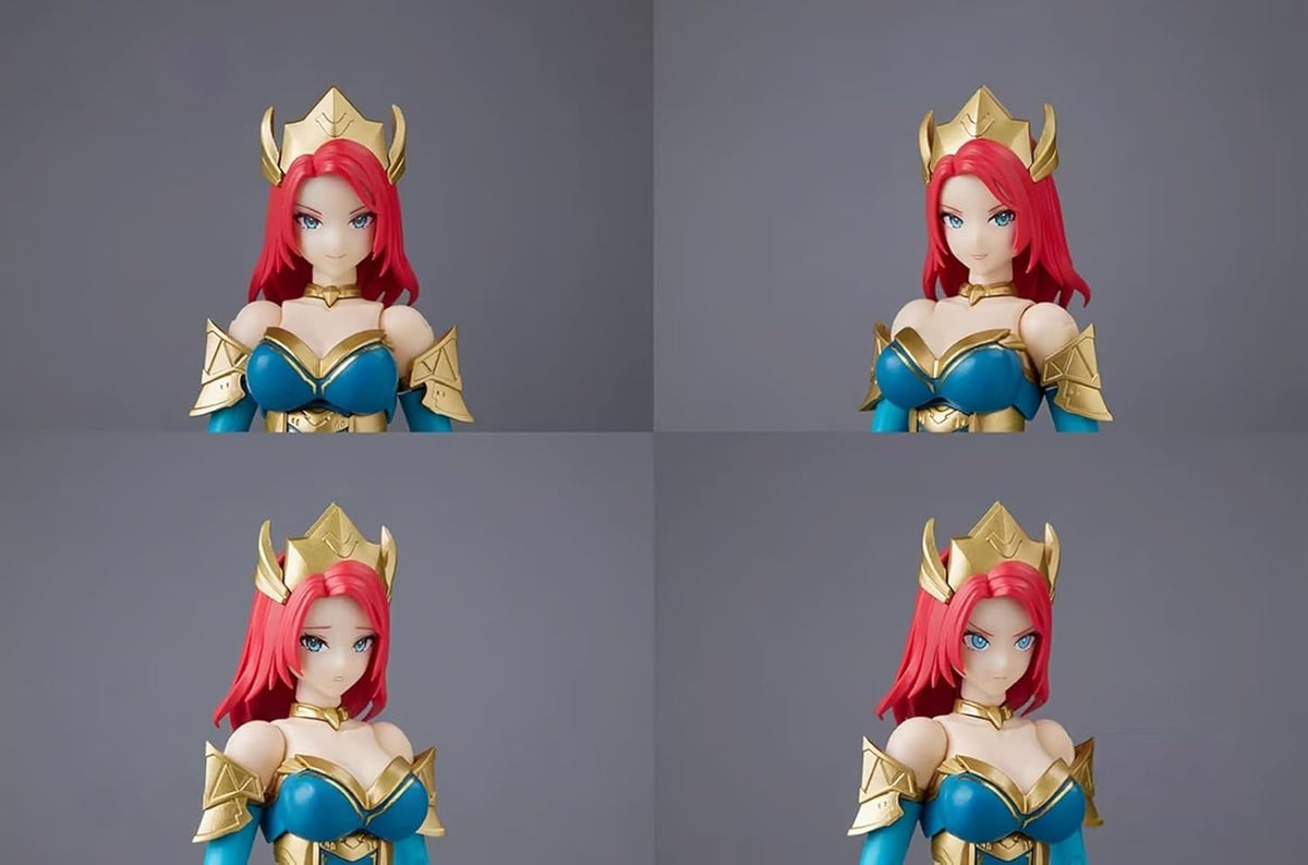 Four views of a figurine with red hair and a crown on a gray background DC Comics Mera (DC-04) 1/10 Scale Mecha-Girl Model Kit by MS General