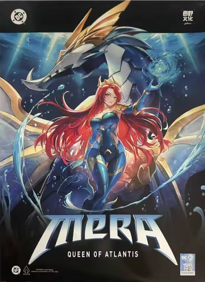 Animated character Mera from DC Comics with a blue and gold costume, holding a fish, against a dark background. DC Comics Mera (DC-04) 1/10 Scale Mecha-Girl Model Kit by MS General