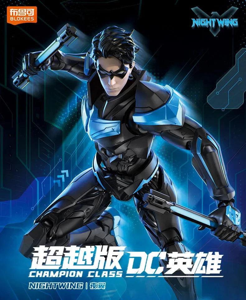 Action figure of Nightwing in a dynamic pose with Chinese text and branding. DC Comics Nightwing (Shining Version) 1/12 Scale Precision Assembly Figure by Blokees