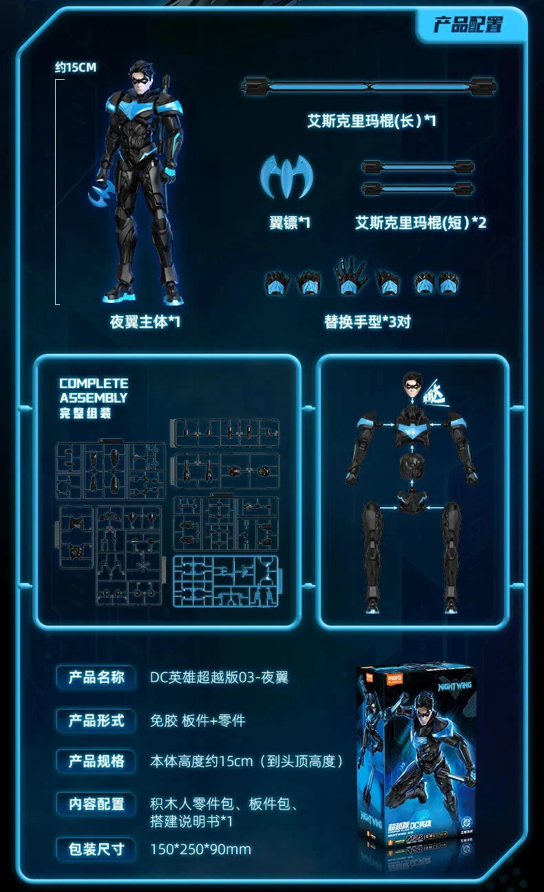 Comic book character with product configuration details on a blue background DC Comics Nightwing (Shining Version) 1/12 Scale Precision Assembly Figure by Blokees