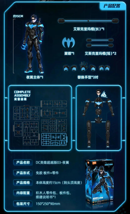 Comic book character with product configuration details on a blue background DC Comics Nightwing (Shining Version) 1/12 Scale Precision Assembly Figure by Blokees
