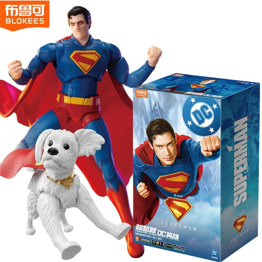 Superman action figure with a dog and its packaging featuring the DC logo. DC Comics Superman (Clark Kent Edition) 1/12 Scale Precision Assembly Figure by Blokees