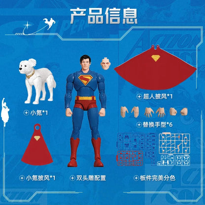 Superman action figure with accessories on a blue background DC Comics Superman (Clark Kent Edition) 1/12 Scale Precision Assembly Figure by Blokees