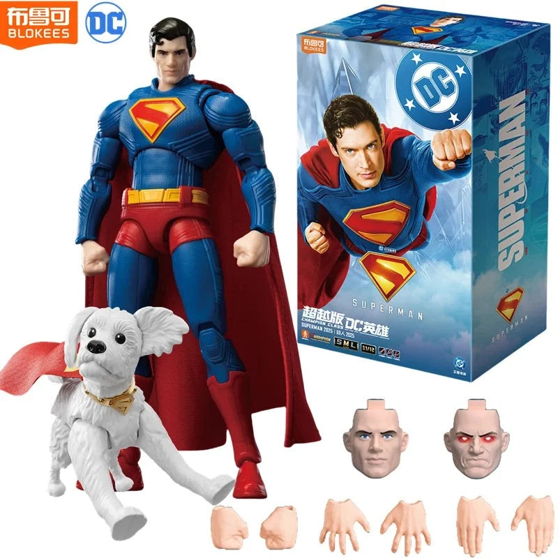 Superman action figure with interchangeable heads and a dog toy, alongside its packaging featuring the DC logo. DC Comics Superman (Clark Kent Edition) 1/12 Scale Precision Assembly Figure by Blokees