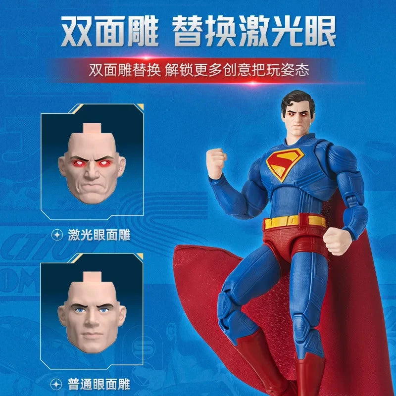 Superman action figure with interchangeable face parts on a blue background DC Comics Superman (Clark Kent Edition) 1/12 Scale Precision Assembly Figure by Blokees
