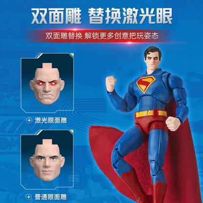 Superman action figure with interchangeable face parts on a blue background DC Comics Superman (Clark Kent Edition) 1/12 Scale Precision Assembly Figure by Blokees
