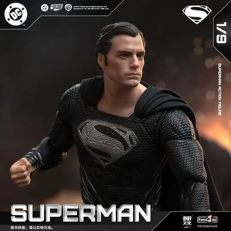 Superman action figure in black suit with logo, branded with DC Comics and Superman logos. DC Comics Superman (Zack Snyder's Justice League Version 2.0) 1/9 Scale Premium Action Figure by FondJoy