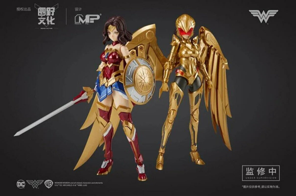 Two action figures, one in red and gold and the other in gold with wings, on a dark background. DC Comics Wonder Woman (DC-01) 1/10 Scale Mecha-Girl Model Kit by MS General
