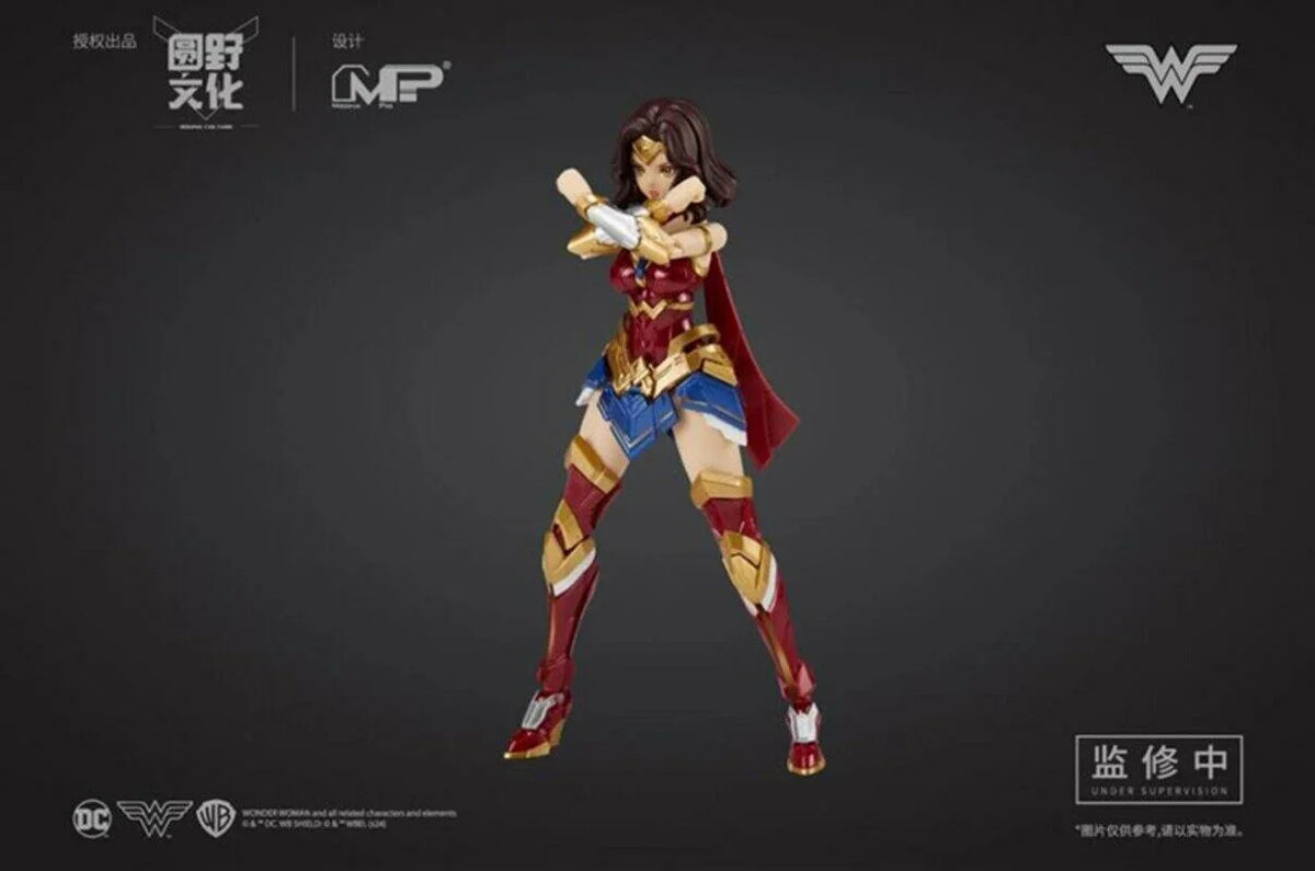 Action figure of Wonder Woman in a dynamic pose on a dark background with logos.  DC Comics Wonder Woman (DC-01) 1/10 Scale Mecha-Girl Model Kit by MS General
