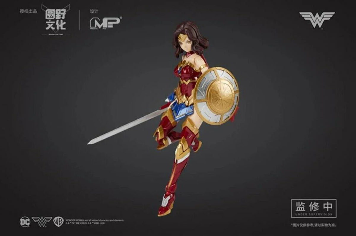 Action figure of a superheroine with a sword and shield on a dark background DC Comics Wonder Woman (DC-01) 1/10 Scale Mecha-Girl Model Kit by MS General