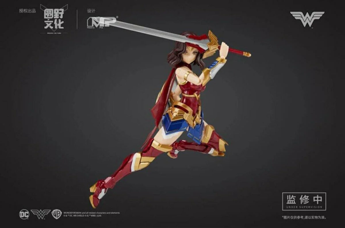 Superhero action figure in dynamic pose with a dark background  DC Comics Wonder Woman (DC-01) 1/10 Scale Mecha-Girl Model Kit by MS General