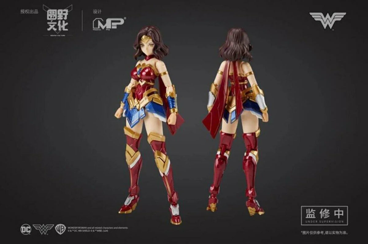 Action figure of Wonder Woman from DC Comics, showing front and back views on a dark background. DC Comics Wonder Woman (DC-01) 1/10 Scale Mecha-Girl Model Kit by MS General