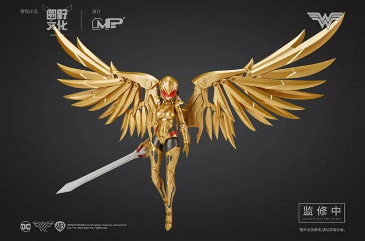 Gold superhero figurine with wings and sword on a dark background DC Comics Wonder Woman (DC-01) 1/10 Scale Mecha-Girl Model Kit by MS General