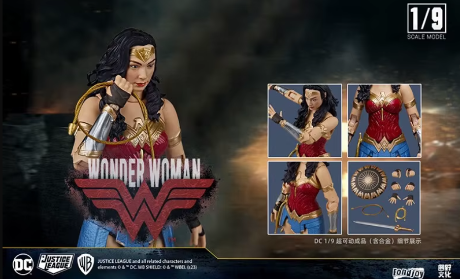Action figure of Wonder Woman with packaging details on a dark background DC Comics Wonder Woman (Justice League Series) 1/9 Scale Premium Action Figure by FondJoy