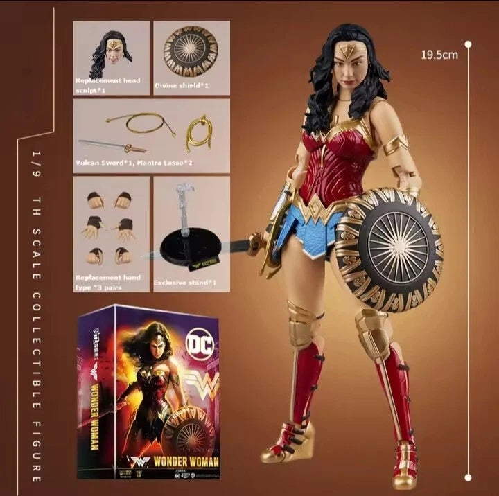 Collectible Wonder Woman figure with packaging on a brown background DC Comics Wonder Woman (Justice League Series) 1/9 Scale Premium Action Figure by FondJoy