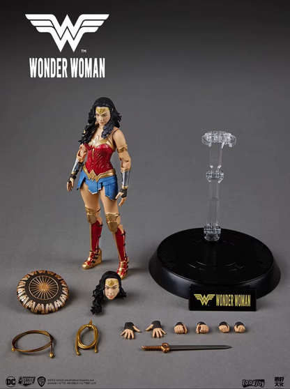 Wonder Woman action figure set with accessories on a gray background DC Comics Wonder Woman (Justice League Series) 1/9 Scale Premium Action Figure by FondJoy