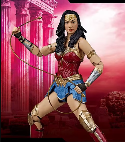 Action figure of Wonder Woman in a dynamic pose with a pink and red background DC Comics Wonder Woman (Justice League Series) 1/9 Scale Premium Action Figure by FondJoy