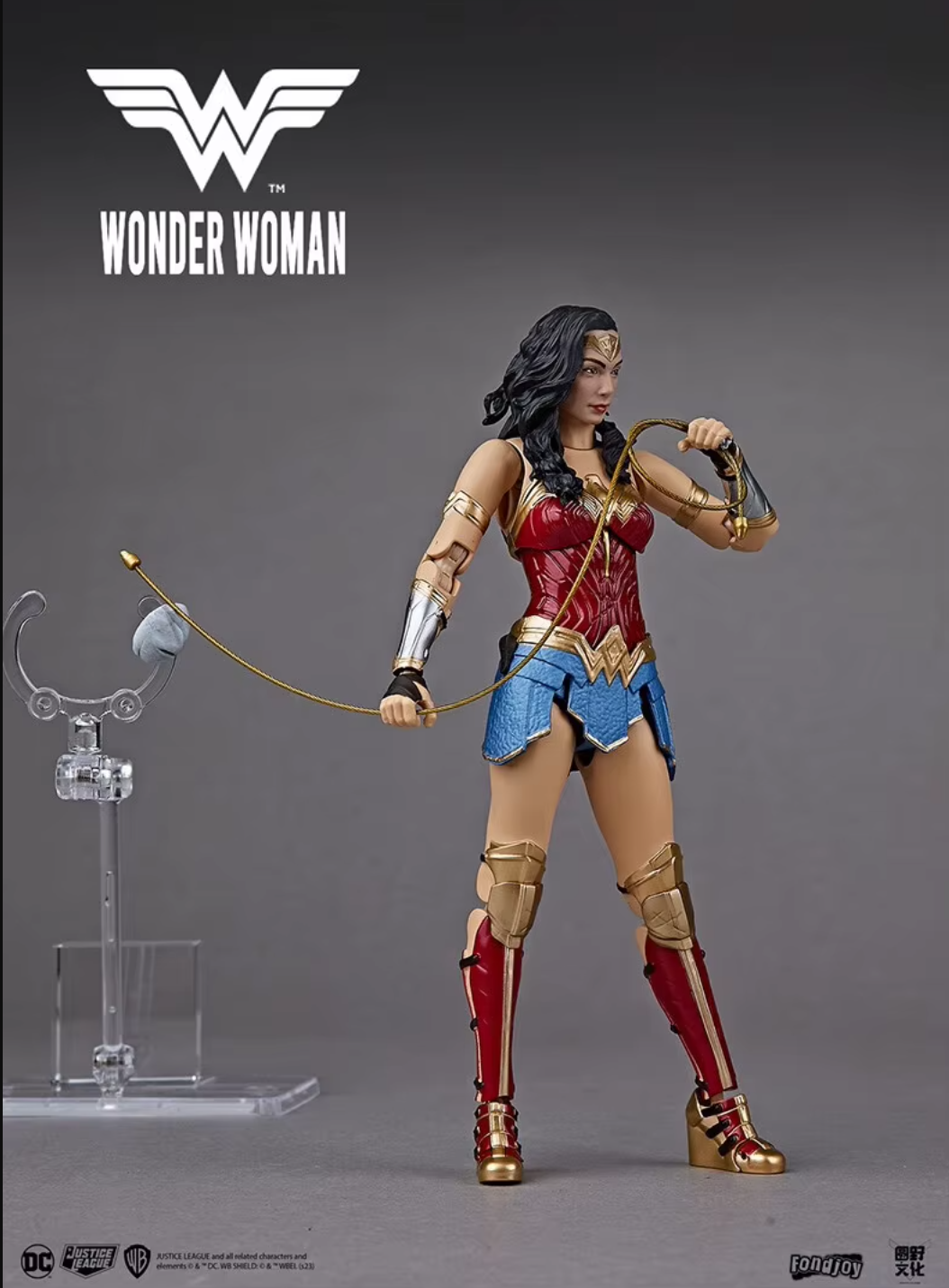Action figure of Wonder Woman holding a lasso on a gray background with the Wonder Woman logo above. DC Comics Wonder Woman (Justice League Series) 1/9 Scale Premium Action Figure by FondJoy