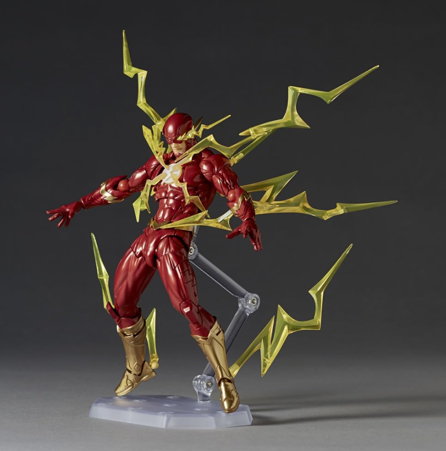 Superhero action figure with red suit and gold accents on a dark background DC Heroes The Flash (Amazing Yamaguchi No.042) Revoltech Action Figure by Kaiyodo