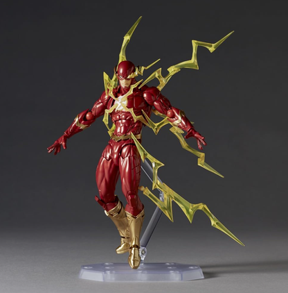 Superhero action figure with red and gold costume on a dark background DC Heroes The Flash (Amazing Yamaguchi No.042) Revoltech Action Figure by Kaiyodo