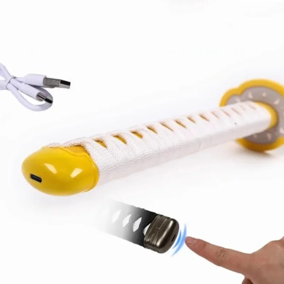 Shoe lace locker with yellow ends and white body, USB cable on the side. Demon Slayer 40-Inch Illuminated LED Bamboo Nichirin Katana Prop Replicas – Next-Gen USB-C Rechargeable Touch-Activated Cosplay & Display Series