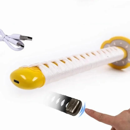 Shoe lace locker with yellow ends and white body, USB cable on the side. Demon Slayer 40-Inch Illuminated LED Bamboo Nichirin Katana Prop Replicas – Next-Gen USB-C Rechargeable Touch-Activated Cosplay & Display Series