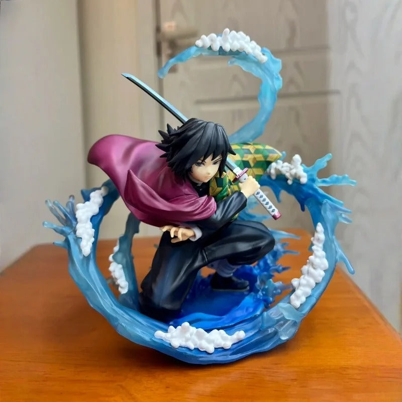Anime character figurine on a wave-like base with a blurred background Demon Slayer: Kimetsu no Yaiba Giyu Tomioka Authentic 17cm PVC Figure – Water Breathing Eleventh Form Dead Calm Special Edition